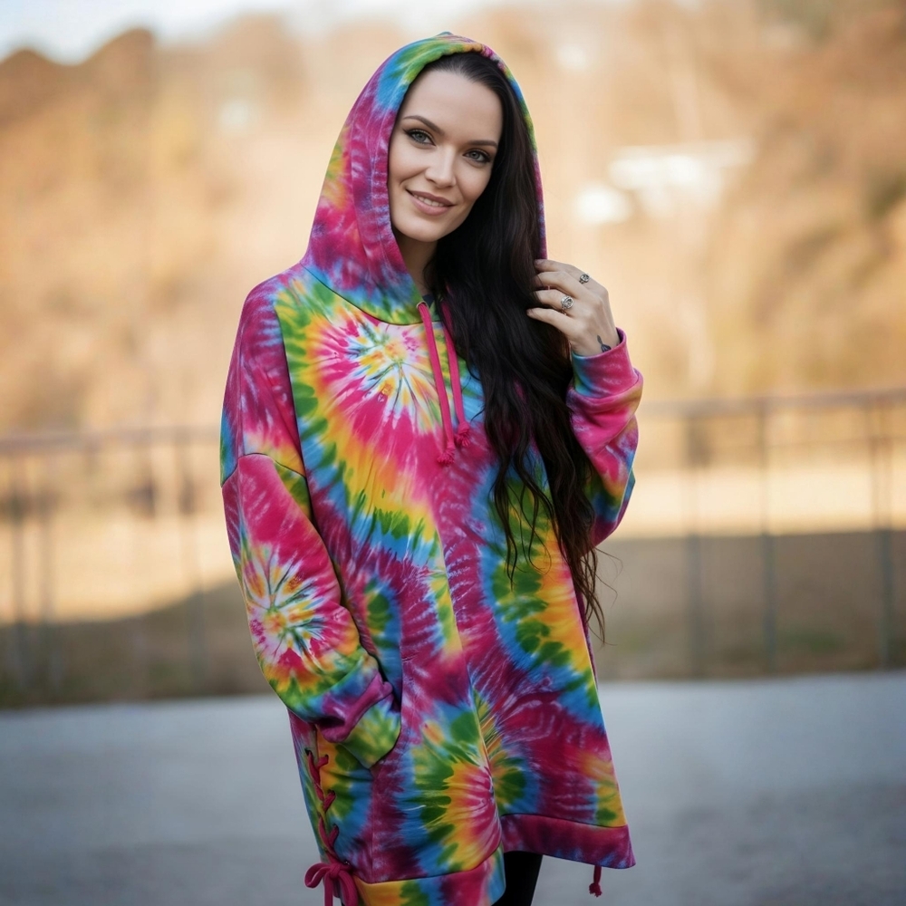 Club Exx ✦ Oversized Tie‑Dye Hoodie ✦ Lace‑Up Sides Fleece Lined Multicolor 1X